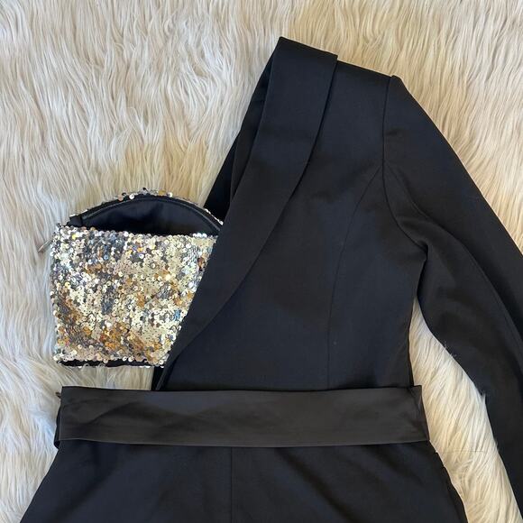 Miss Circle Skylynn Sequin Black Blazer Romper Belted Cut Out Sparkle Dress - Picture 11 of 16